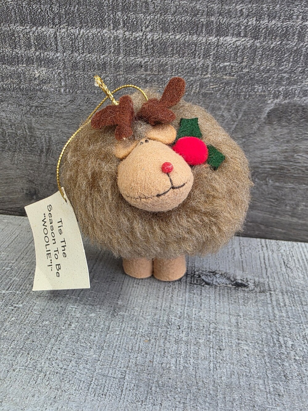 Reindeer Fat Chubby Fluffy Woolie Christmas Ornament 3.5" Holly 320a